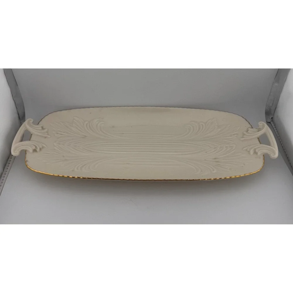 Lenox Cream Gold‎ Rimmed Oval Serving Tray Embossed Floral Design Handles